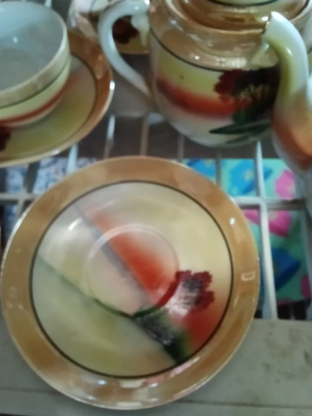Antique Chikaramachi Hand Painted Lusterware Teacup Blue